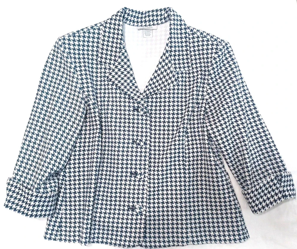 Dressbarn VTG Women's Blk Wht Houndstooth Check Blazer Sz L 3/4 Sleeve USA*READ